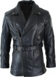 Modern Black long leather Coat belted biker Style