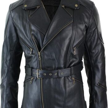Modern Black long leather Coat belted biker Style