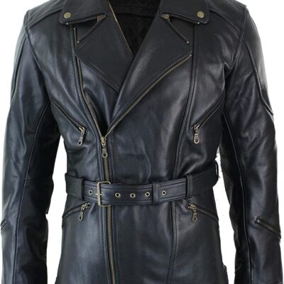 Modern Black long leather Coat belted biker Style