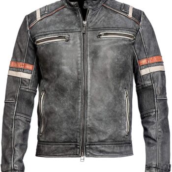 Distressed Retro Grey Cafe Racer Leather Jacket Four Pockets Style