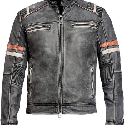 Distressed Retro Grey Cafe Racer Leather Jacket Four Pockets Style