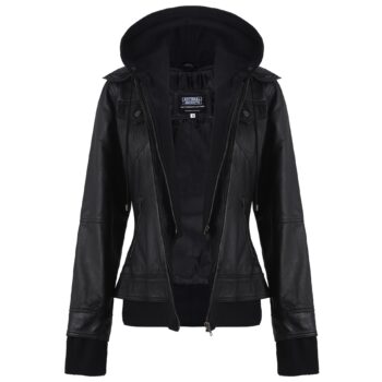 Onyx Women's Black Leather Bomber Jacket With Hood