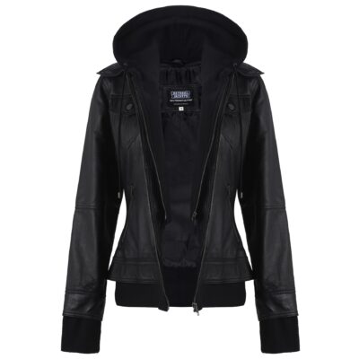 Onyx Women's Black Leather Bomber Jacket With Hood