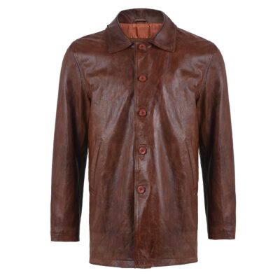 Men's Brown Leather Coat Button Style
