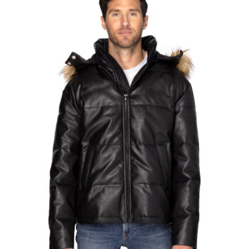 Unisex Vegan Leather Hooded Puffer Jacket