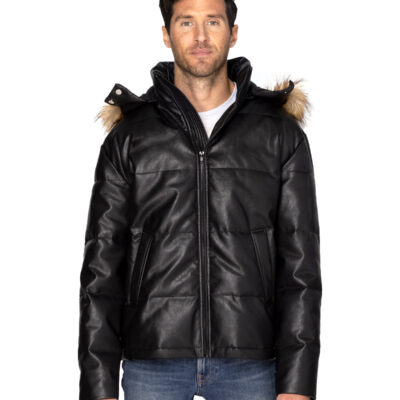 Unisex Vegan Leather Hooded Puffer Jacket