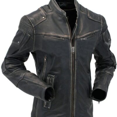 Men's Black Distressed Leather Jacket Biker Style
