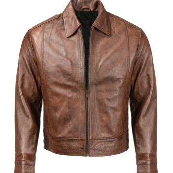 Stylish Brown Leather Jacket Shirt Collar Style