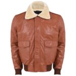 Men's Brown Leather Aviator Bomber Jacket Fur Style
