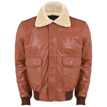 Men's Brown Leather Aviator Bomber Jacket Fur Style