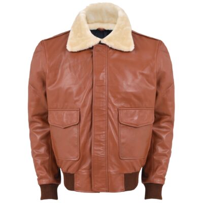 Men's Brown Leather Aviator Bomber Jacket Fur Style