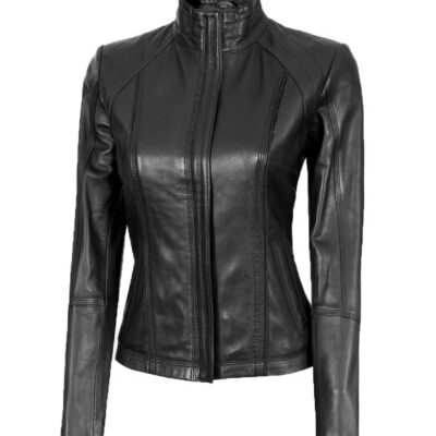 Acerra Womens Black Cafe Racer Leather Jacket