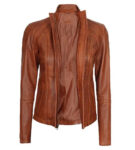 Women's Distressed Quilted Cognac Leather Motorcycle Jacket