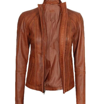 Women's Distressed Quilted Cognac Leather Motorcycle Jacket