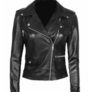 Amber Womens Black Leather Moto Jacket in Asymmetrical Style