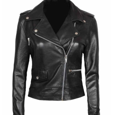 Amber Womens Black Leather Moto Jacket in Asymmetrical Style