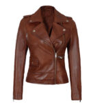 Amber Womens Cognac Asymmetrical Leather Moto Jacket