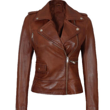 Amber Womens Cognac Asymmetrical Leather Moto Jacket