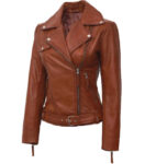 Angela Womens Tan Asymmetrical Leather Moto Jacket