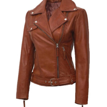 Angela Womens Tan Asymmetrical Leather Moto Jacket