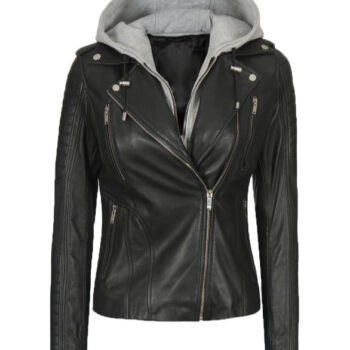 Bagheria Black Womens Leather Jacket With Hood