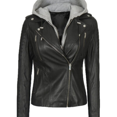 Bagheria Black Womens Leather Jacket With Hood