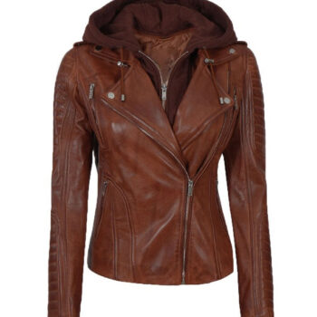 Bagheria Cognac Women's Leather Jacket with Hood
