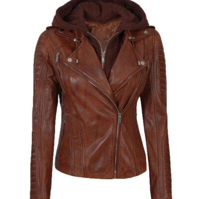 Bagheria Cognac Women's Leather Jacket with Hood