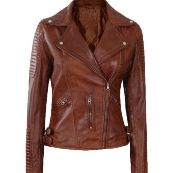 Bari Cognac Asymmetrical Leather Motorcycle Jacket Womens