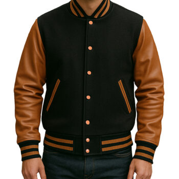 Brown And Black Varsity Jacket For Unisex