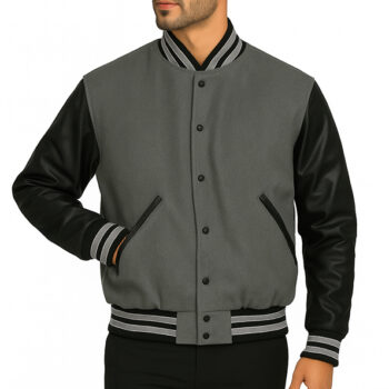 Black And Grey Varsity Jacket For Unisex