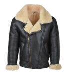 Black Bomber Fur Shearling Genuine Leather Jacket