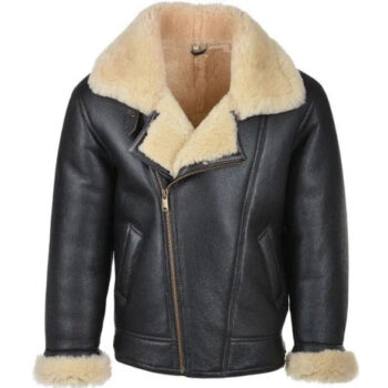Black Bomber Fur Shearling Genuine Leather Jacket
