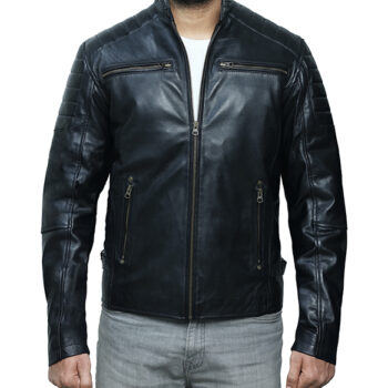 Mens Black Cafe Racer Leather Jacket With Padding
