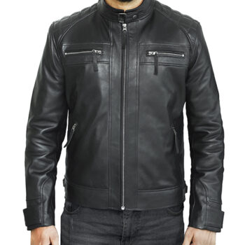 Mens Black Quilted leather Jacket Cafe Racer Style