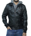 Black Lambskin Leather Jacket with Removable Hood Mens
