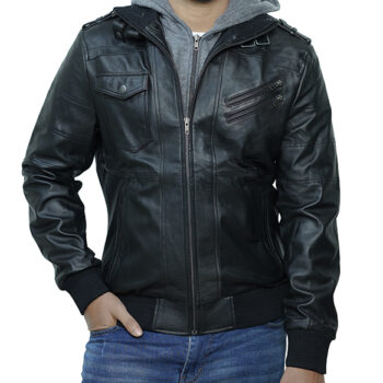 Black Lambskin Leather Jacket with Removable Hood Mens