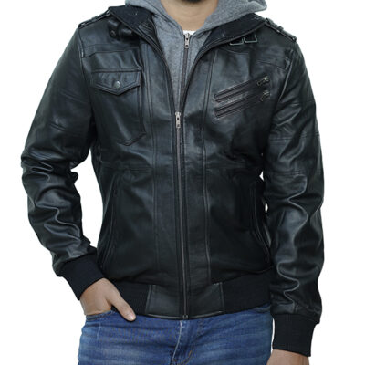Black Lambskin Leather Jacket with Removable Hood Mens