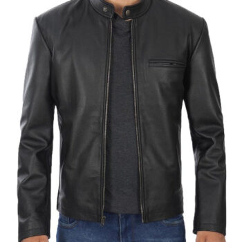 Black Snap Button Collar Cowhide Jacket Men's