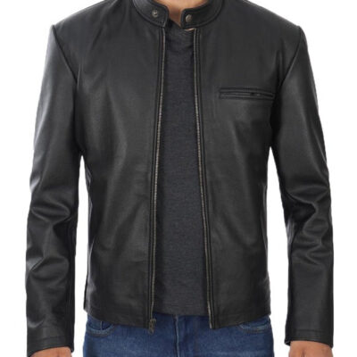Black Snap Button Collar Cowhide Jacket Men's