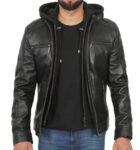 Blount Black Hooded Leather Jacket Mens