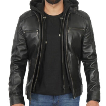 Blount Black Hooded Leather Jacket Mens