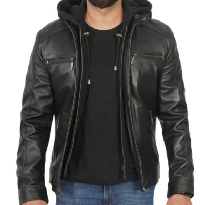 Blount Black Hooded Leather Jacket Mens