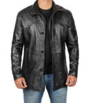 Genuine Men's Black Leather Car Coat With Shirt Collar