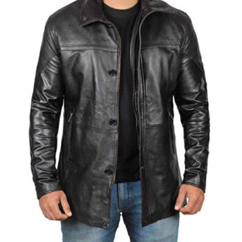 Genuine Men's Black Leather Car Coat With Shirt Collar