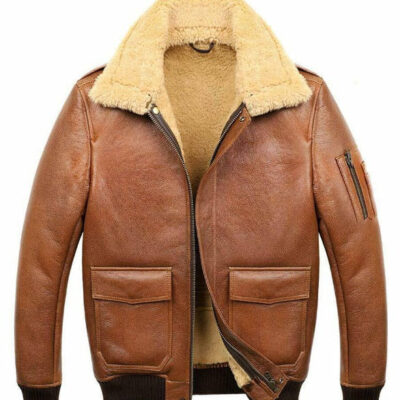 Camel Brown Aviator Faux Shearling Leather Jacket