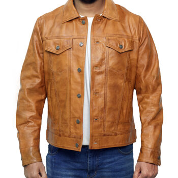 Men's Camel Brown Trucker Leather Jacket With Button style