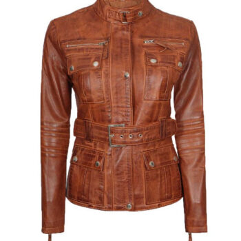 Women's Cognac Leather Belted Jacket | Four Pockets