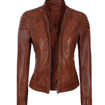 Carrie Women Cognac Cafe Racer Leather Jacket