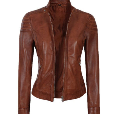 Carrie Women Cognac Cafe Racer Leather Jacket